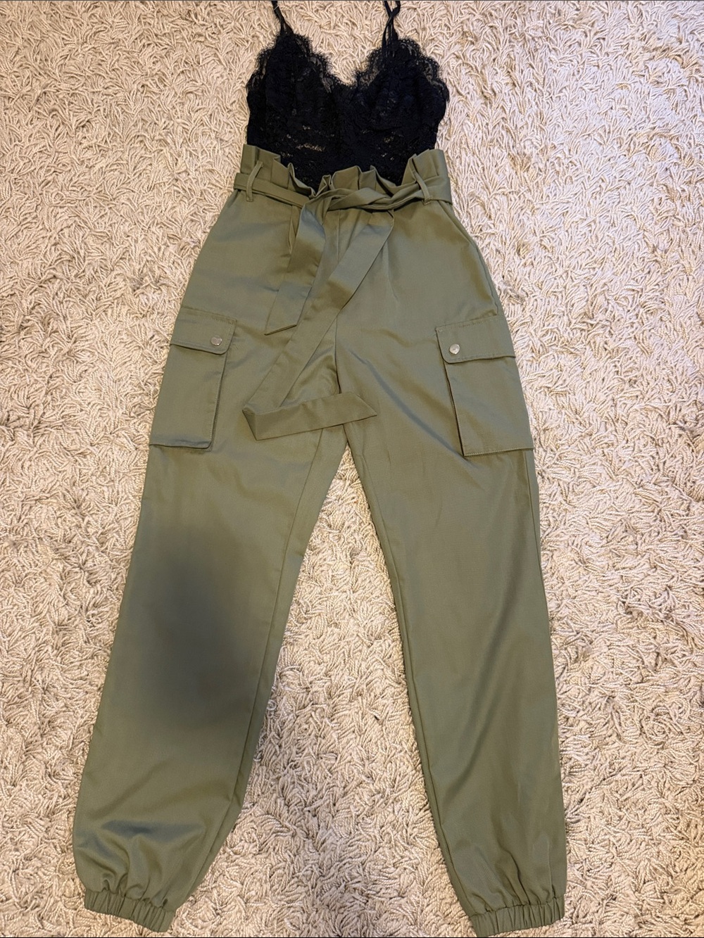 Fashion Nova Cottagecore, Romantic Black Lace Bodice Olive Cargo Jumpsuit